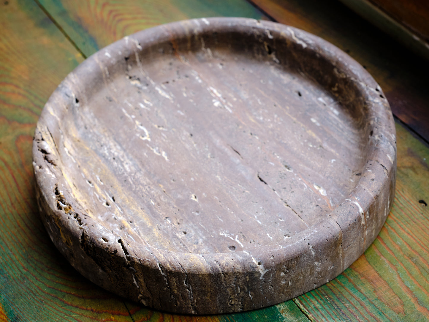 Round Brown Travertine Thick Tray L